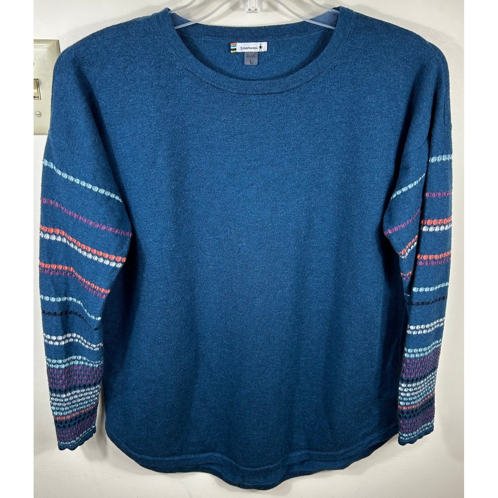 Smartwool Sweater Women L Blue Shadow Pine Crew Merino Wool Blend Striped Sleeve